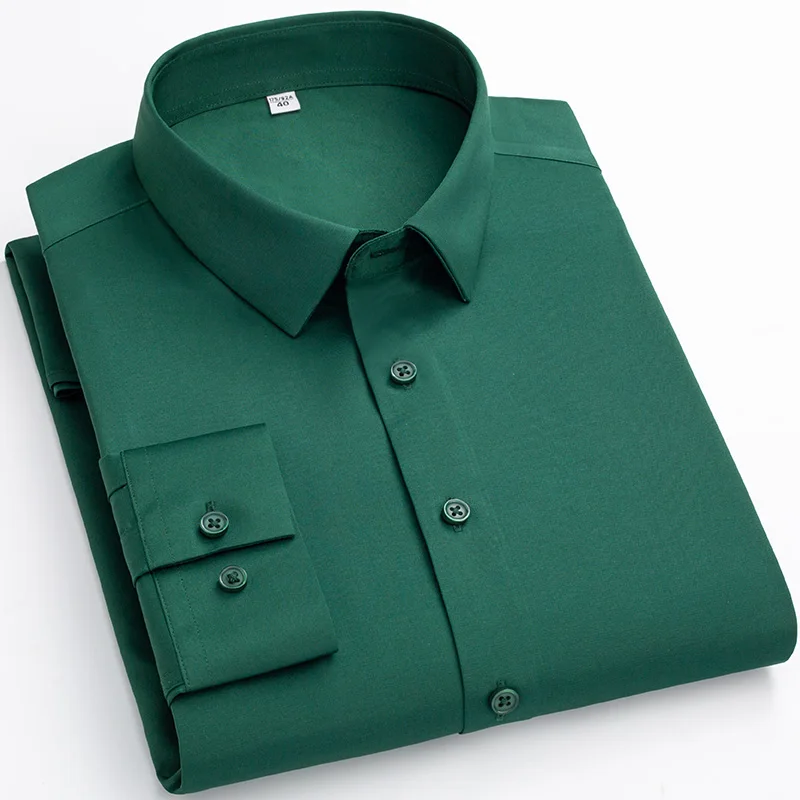 New in shirt plus size elastic long-sleeve shirts for men slim fit formal plain shirt soft wrikle free office tops green clothes