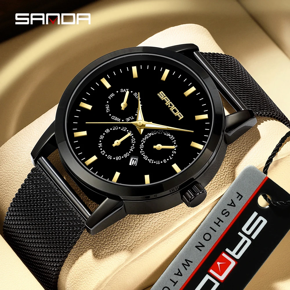 SANDA P1125-Montre étanche à six broches avec calendrier pour homme, montre de sport, montres-bracelets d'affaires, date et arrêt, mode 2023