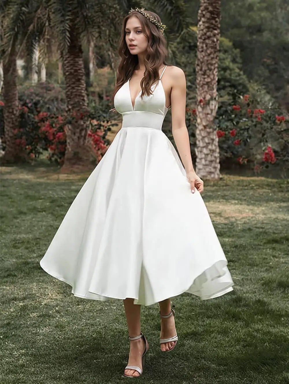 Vestido de noiva feminino com alças espaguete, comprimento de chá, cetim, linha, cintura alta, vestido formal