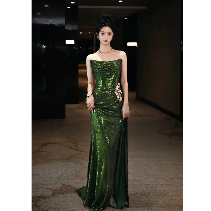 Customized Luxury Sequins Green Mermaid Evening Dress Sexy Strapless Glittering High-Split Prom Formal Gowns Vestidos De Noche