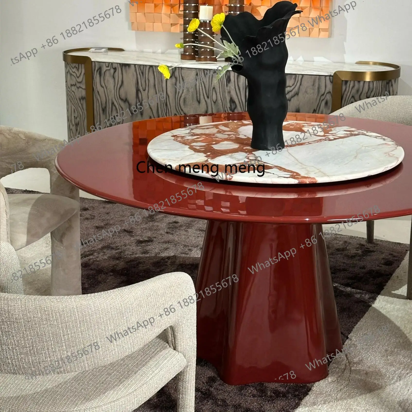 

Italian natural imported marble dining table round red luxury stone high-end table