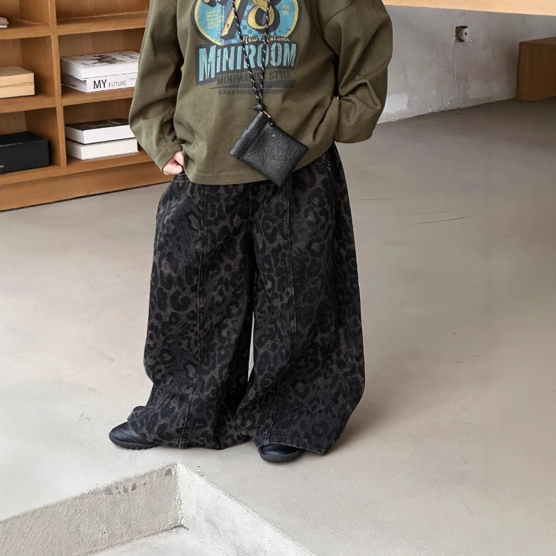 

2025 Hot Selling New Children's Design Style Simple Retro Leopard Print Wide Leg Hanging Loose Jeans