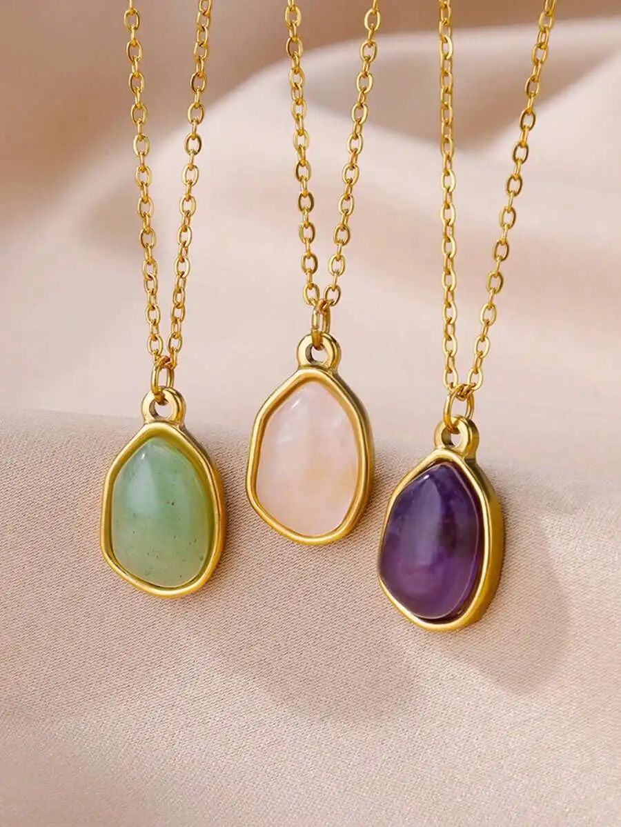Collar con colgante de piedra verde asimétrico para mujer, de acero inoxidable, accesorio de moda de estilo europeo y americano para uso diario, 1 ud.