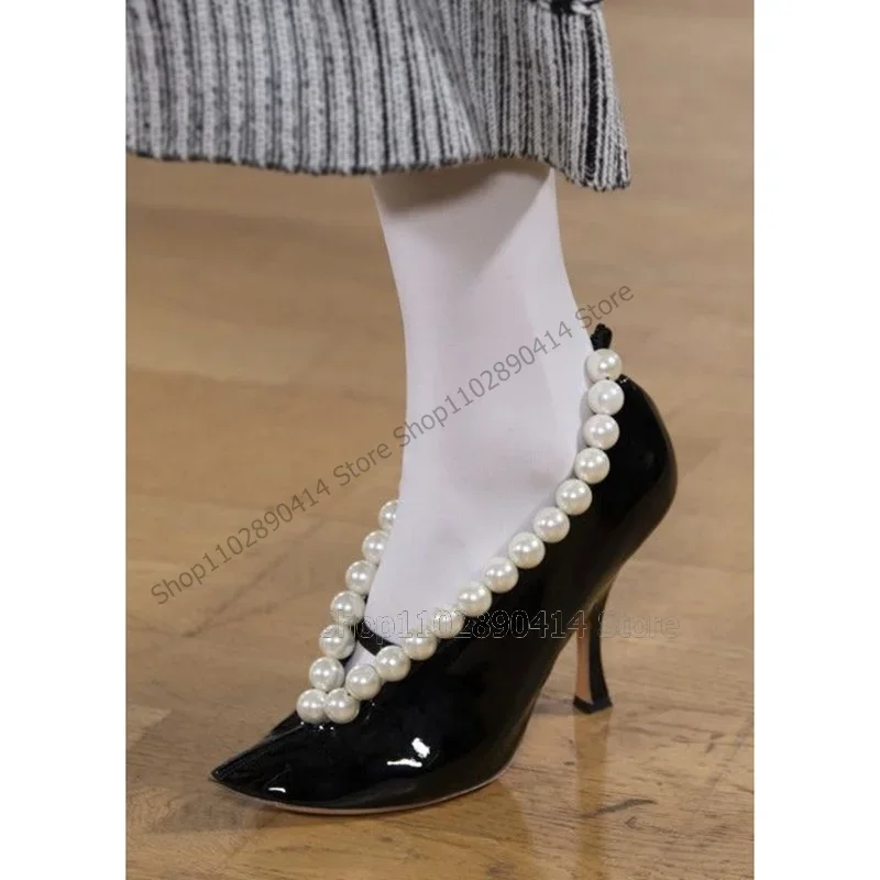 

White Pearl Decor Black Patent Leather Pumps Slip On Women Shoes Thin High Heels Novel Fashion Banquet 2025 Zapatos Para Mujere