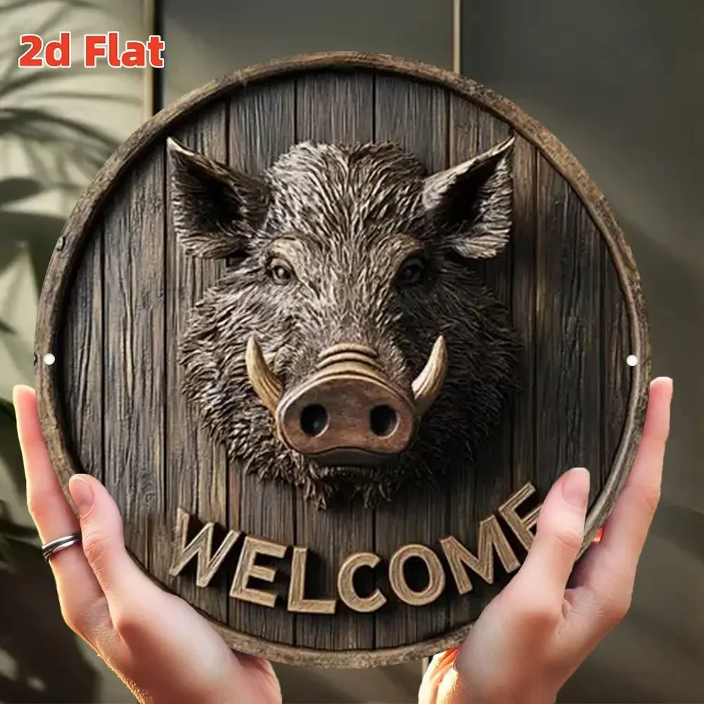 Two-dimensional planar wild boar welcome sign - Rural hunting cabin decoration, 19th-century style round wooden wall art piece