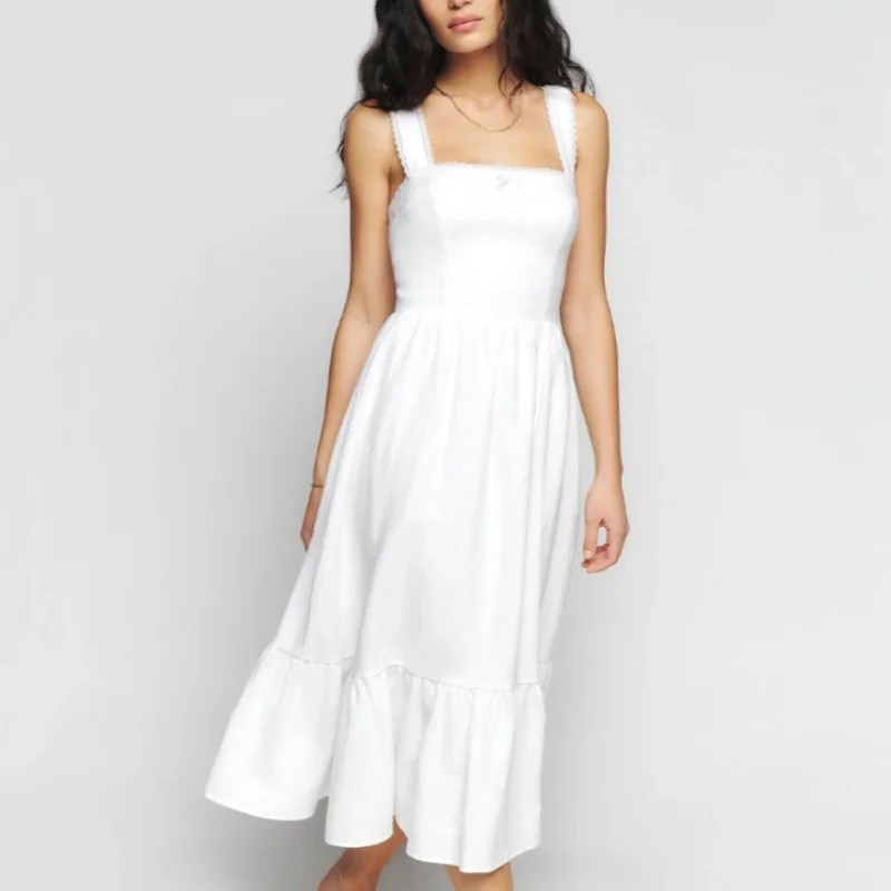 

Spring and Summer Ladies Lace Thick Shoulder Strap Waist Suspender Dresses Women Square Neck Dress