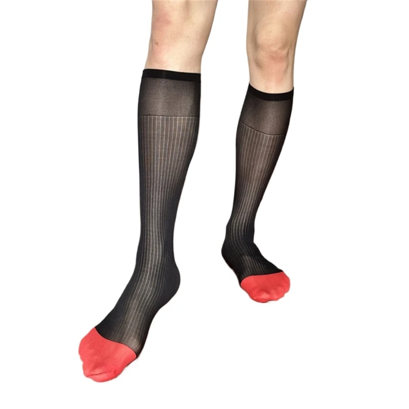 Y166 Mens Nylon Sheer Suit Socks Business Dress Socks Contrast Color Striped See Through Formal Dress Over the Calf Stockings