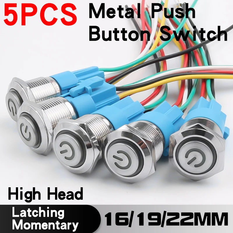 

5PCS Waterproof Metal Button Switch with piug-in High Head 16/19/22MM 5Pin With Led 1NO1NC Momentary Latching Waterproof Button