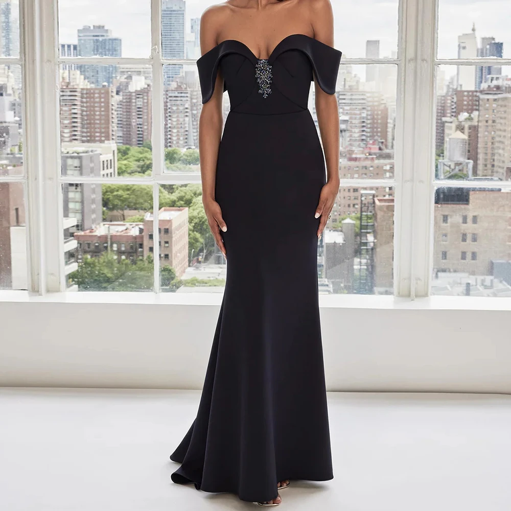 

Women's Black Off-the-Shoulder Evening Dress Crystal Detail Jersey Mermaid Formal Gown for Prom Gala Wedding Guest