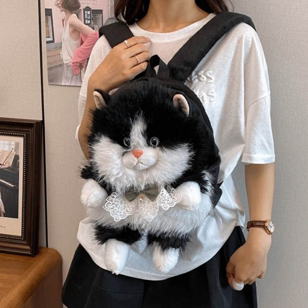 Soft Cat Backpack Cartoon Cat Adjustable Shoulder Straps Cat Shoulder Bag Zipper Closure Decorative Bag Casual Outing