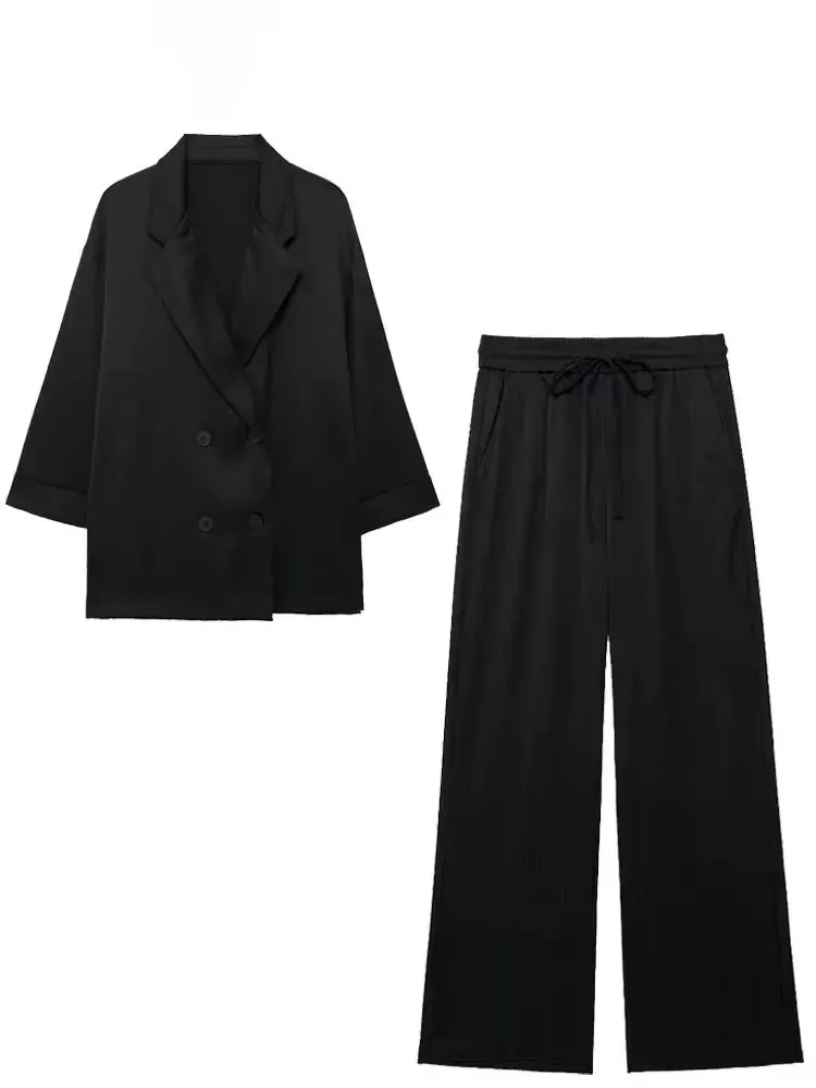 HH Women Elegant Solid Wrinkle Effect Blazer Pant Suit Double Breasted Long Sleeve Coat Straight Trouser Office Lady Sets