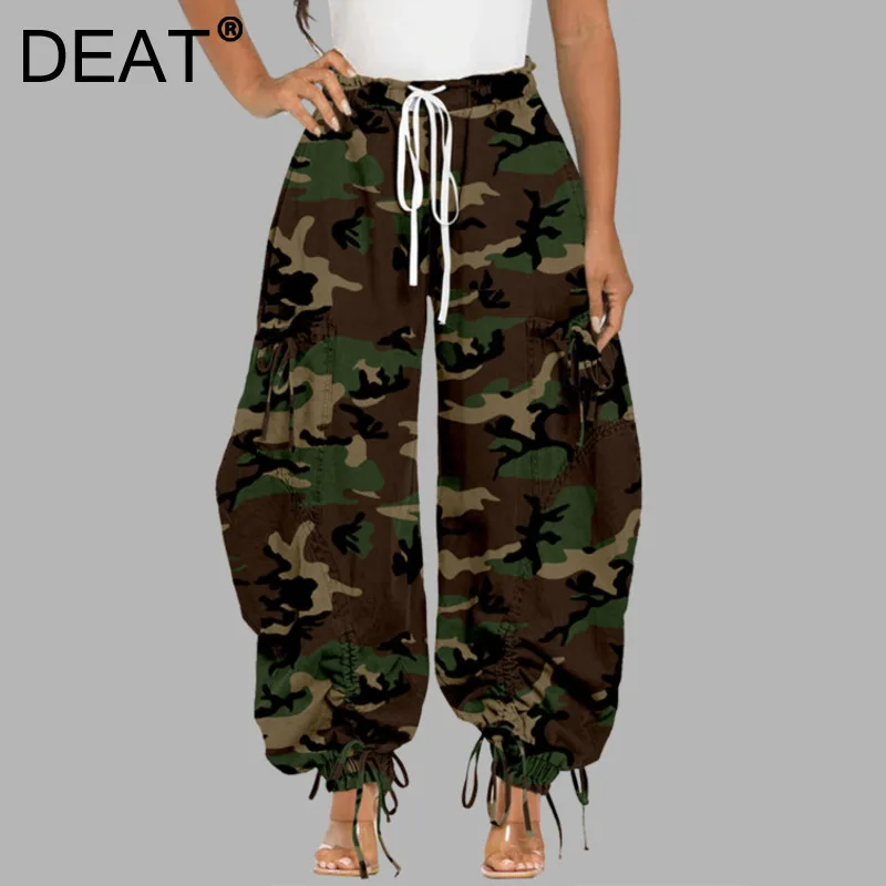 DEAT Women's Fashion Camouflage Printed Long Pant Rope Large Pocket Lantern Loose Elastic Waist Pants 2025 Spring New 11A0731