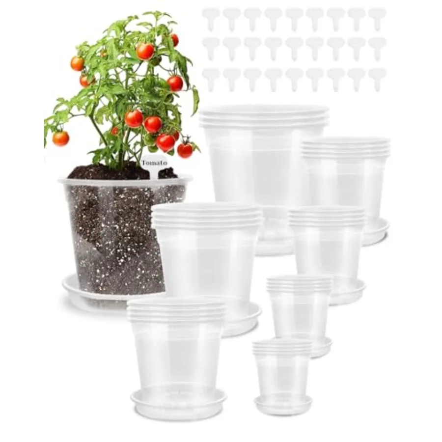 Indoor Outdoor Home Gardening: Clear Plastic Nursery Pots with Drainage, Transparent, 27-Pack Including Saucers and Plant Label