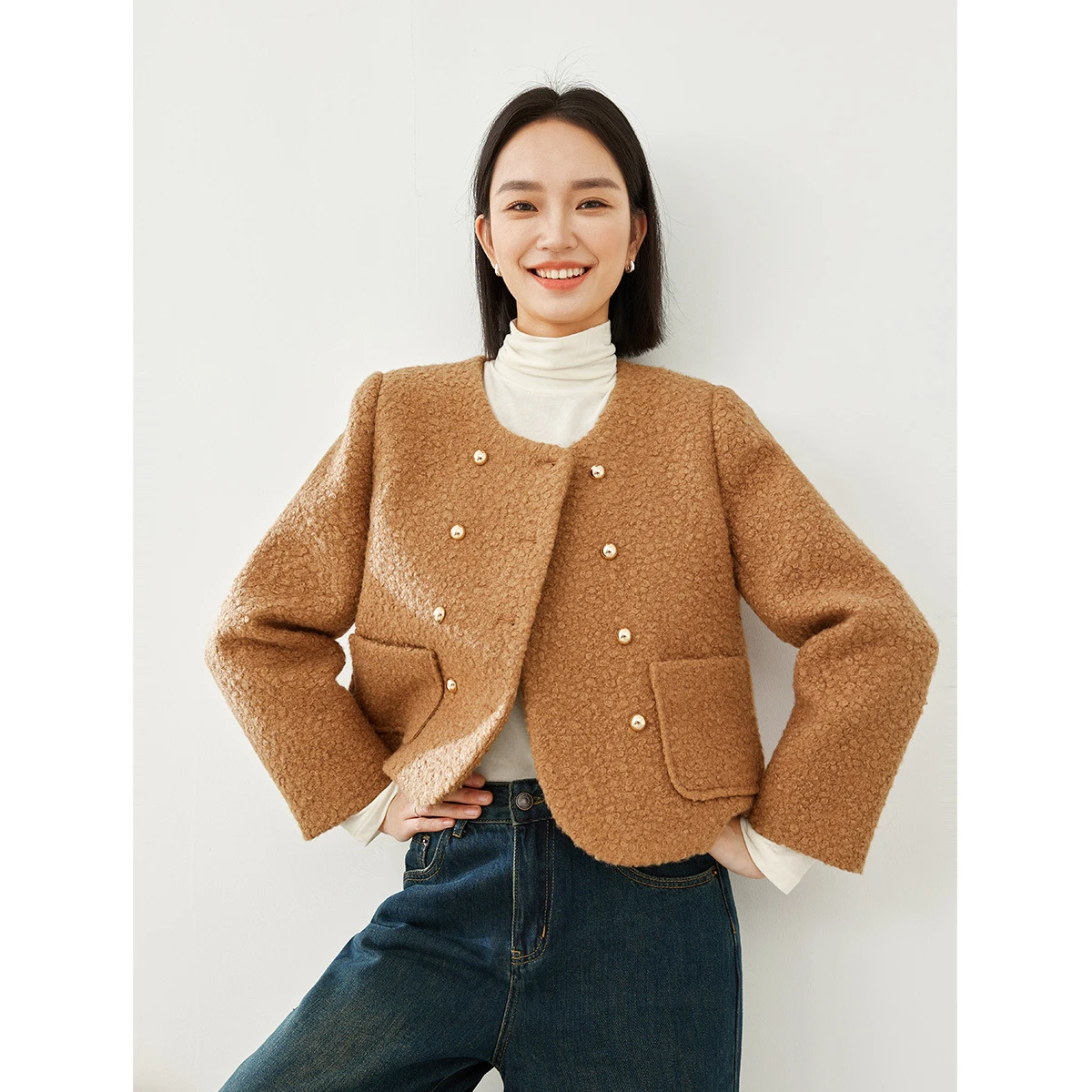 

VIMLY Luxury Wool Blend Jacket Women 2025 Round Neck Tweed Short Ladies Jackets Casual Quilted Fleece Winter Female Coat M5505