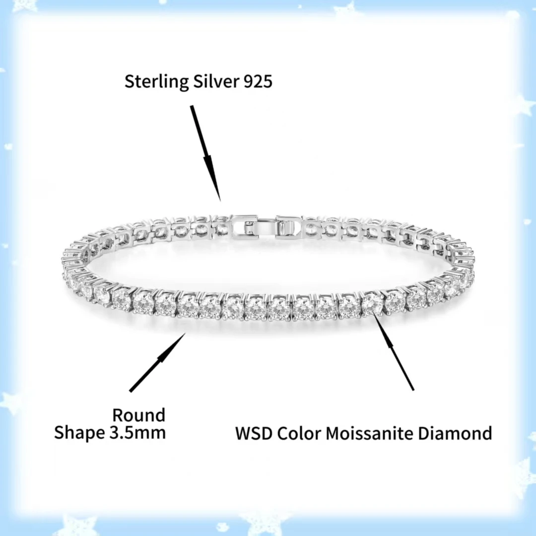 

4,0 мм 5,0 мм D/VVS1 Pass Diamond Test Теннисный браслет с муассанитом круглой огранки из белого золота с покрытием из серебра 925 пробы Ювелирные изделия для женщин