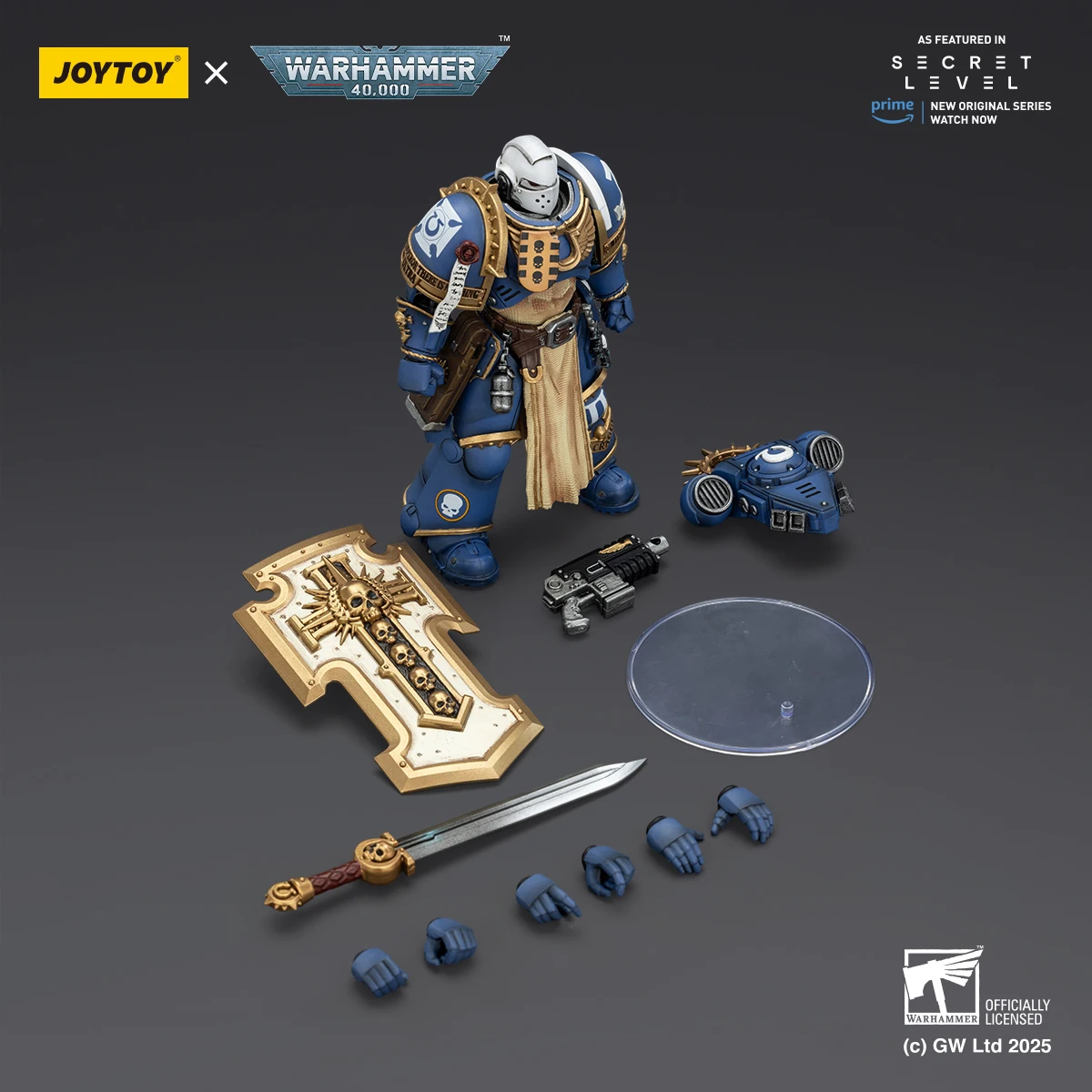 JOYTOY Warhammer 40K Ultramarines Levantus actiefiguur 1/18 schaal beweegbaar model met Power Sword Stormshield & Bolt Pistol
