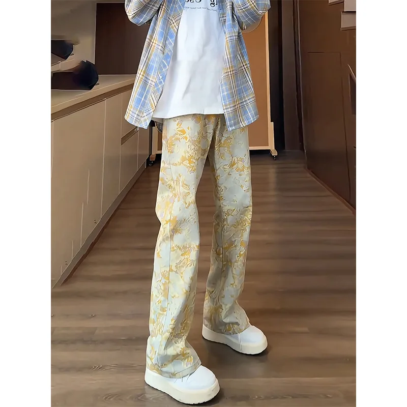 Spring Vintage Yellow Tie-Dye Straight Jeans Men's High Street Vibe Print Denim Pants
