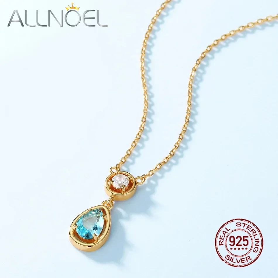 

ALLNOEL 925 Sterling Sliver Water Droplet Swiss Blue Topaz Pendant Necklace for Women Zircon Unique Healing Wedding Jewelry Gift