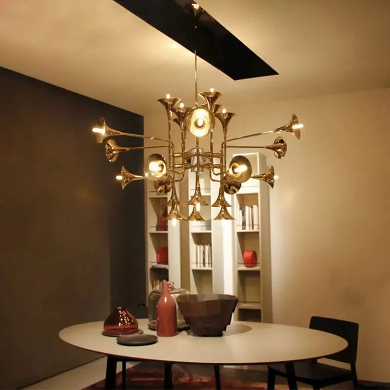

Nordic E27 Gold Horn Pendant Lamp Exhibition Suspension Multiple Luminaire Chandelier Floor Light For Restaurant Music Hall Art