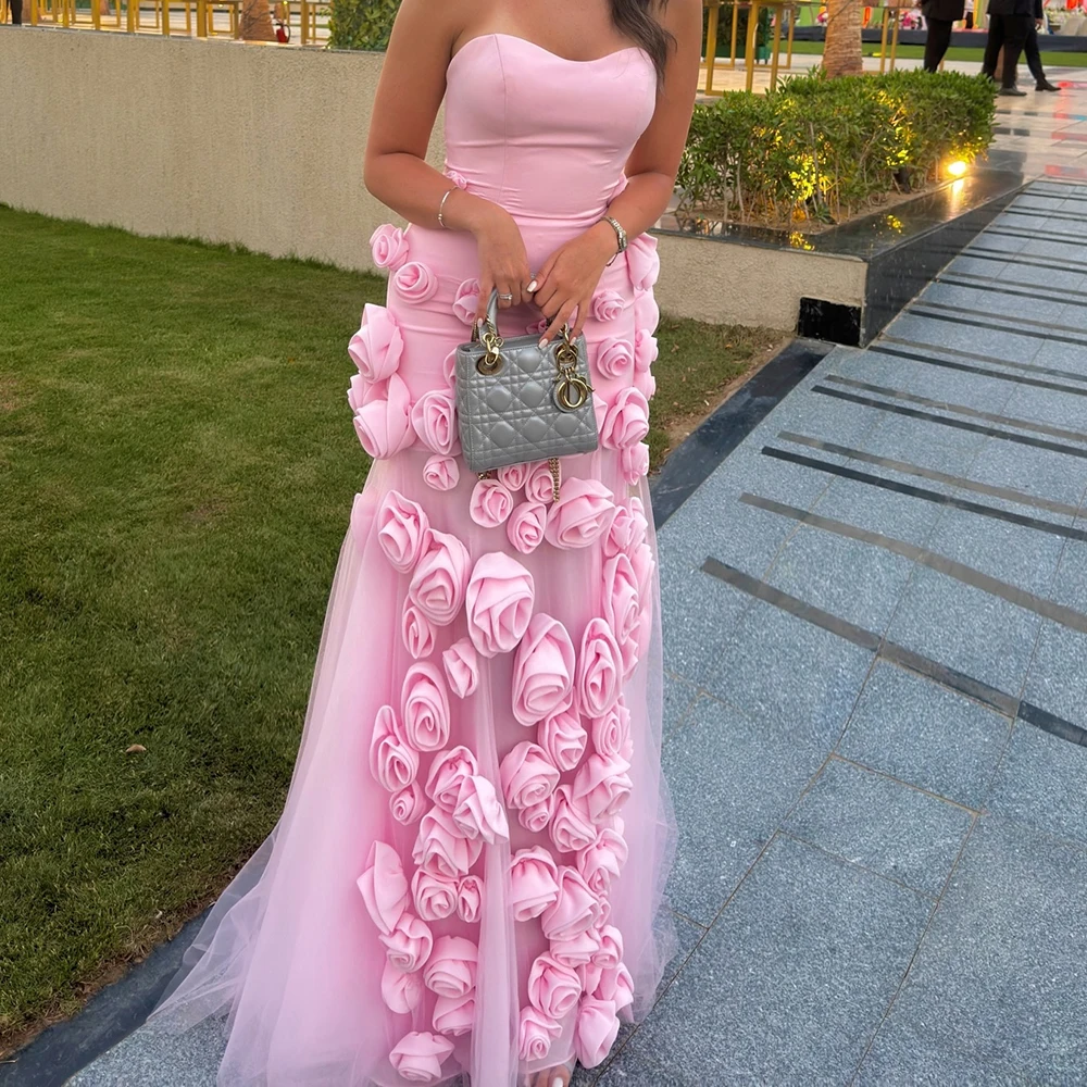 

Customized Classic A-Line Floor Length Strapless Tulle Sleeveless Flowers Evening Dress Fashion Photo Color vestidos para mujer