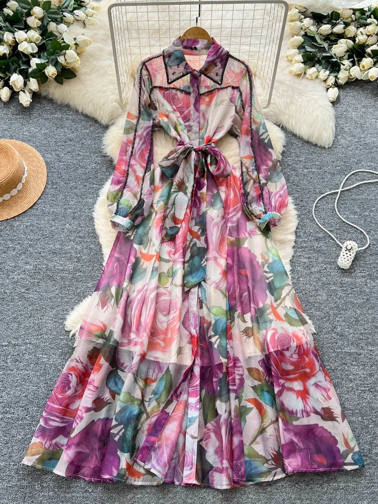 

Spring Autumn French Nail Bead Lapel Long Sleeved Printed Dress Women's New Lolita Elegant Single Breasted Long Dress S452