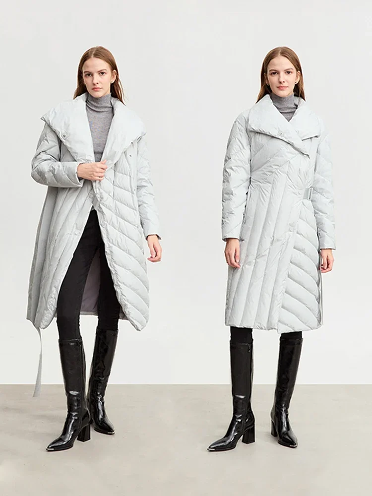 AMII Minimalism Long Down Jacket For Women Winter New Lapel Stand Collar Adjustable Belt Lady Outwear Windproof Coats 12344105
