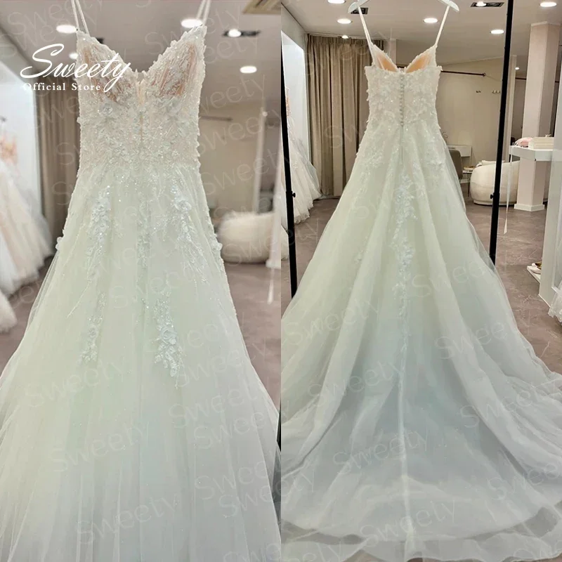 

Elegant Wedding Dress Organza With Embroidery Sequins A-Line Floor Ball Gown Beach Sleeveless V-Neck Customized Robe De Mariee