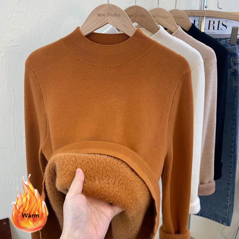 Warm Knitted Sweater Women Plus Velvet Half-Turtleneck Pullover 2024 Korean Fashion Solid Colors Long Sleeve Knitwear Top Loose