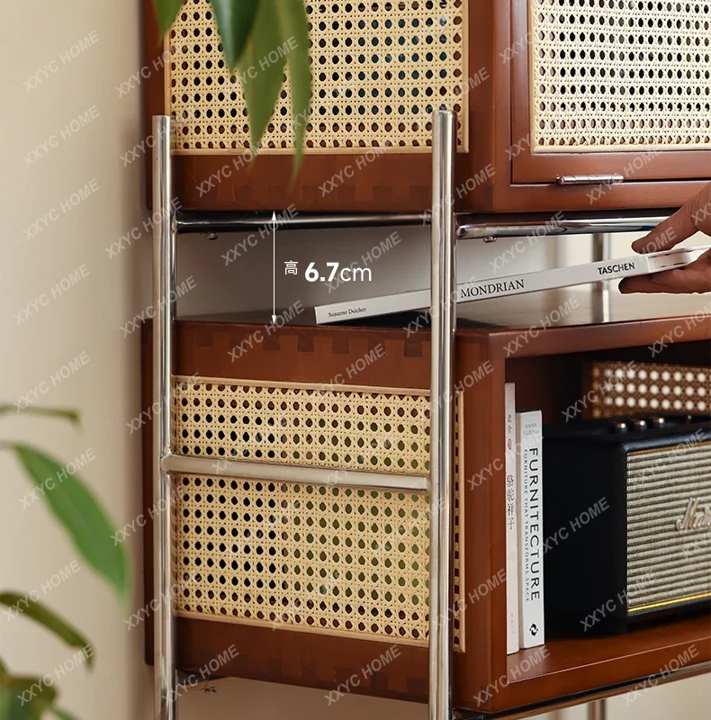 A Japanese-Style Retro Rattan Solid Wood Sweeping Robot Cabinet Modern Minimalist Living Room Storage Locker