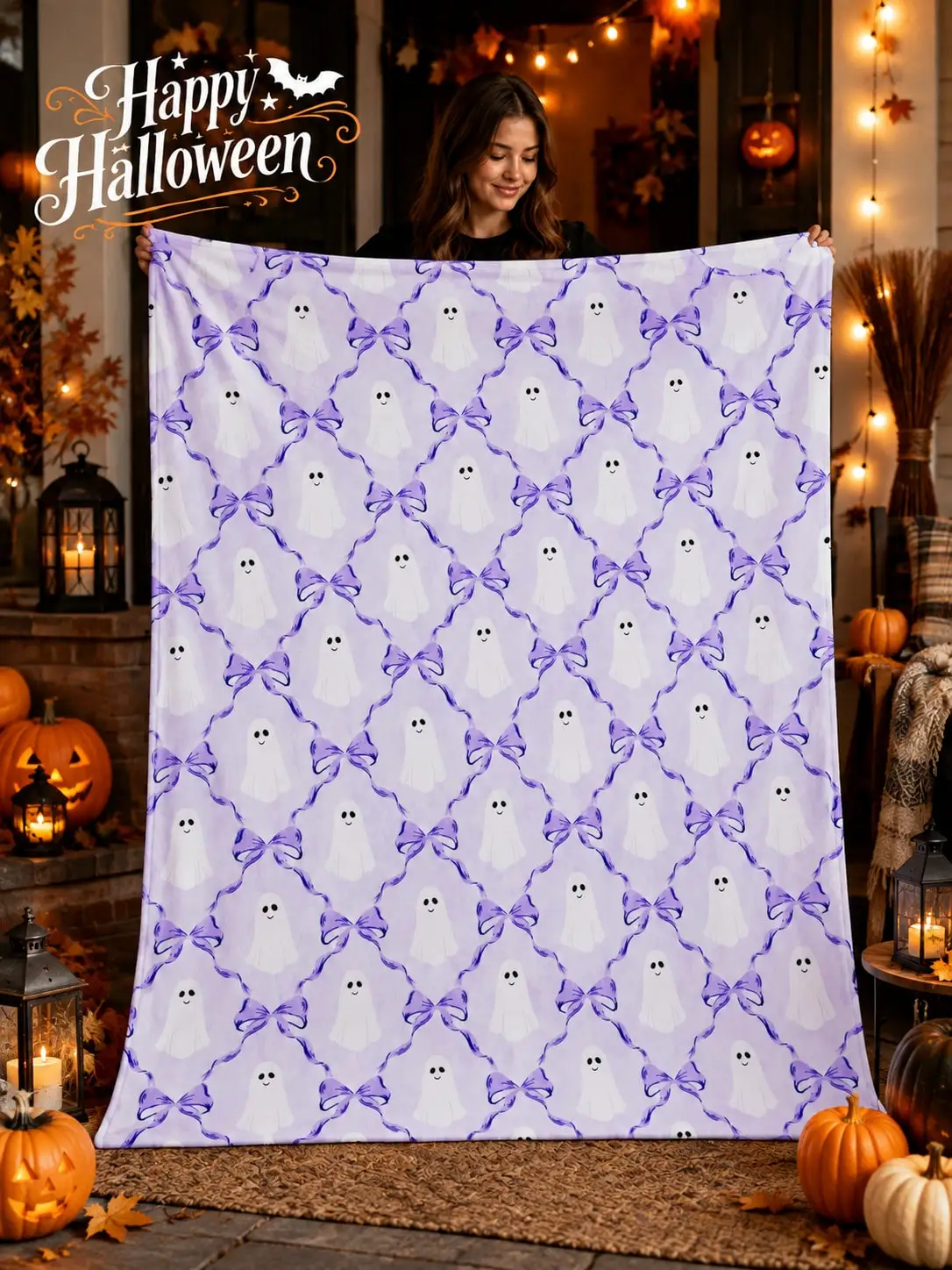 Halloween Flannel Blankets & Throws Ghost Bow Ribbon Sofa Couch Bed Nap Bedroom Living Room Office Travel Camping Home Decor Gift for Mom Dad Wife Husband Sister Brother Grandma Grandpa Family Friends Christmas Anniversary Reading Dorm Cabin