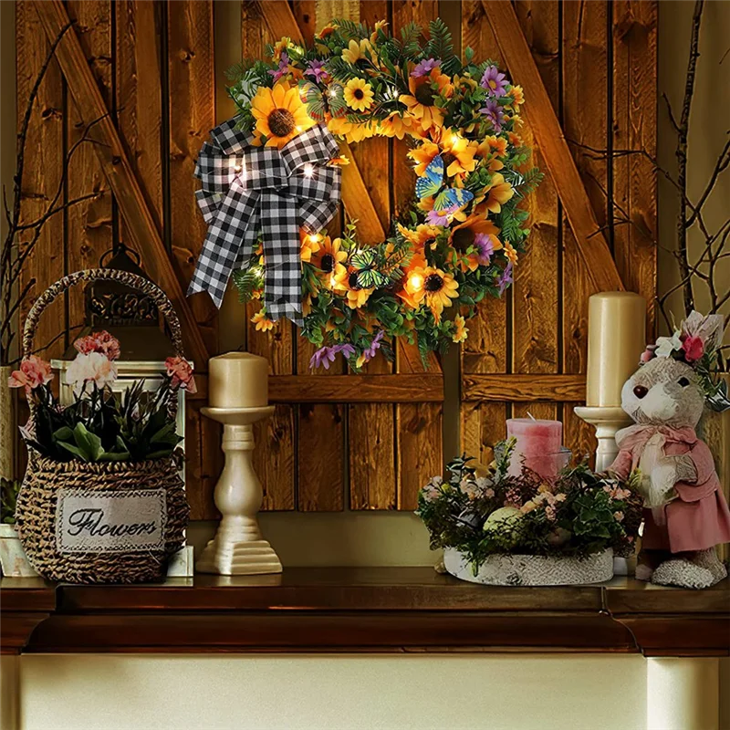 

A45I 18-дюймовый венок с подсолнечником, весенне-летний венок со светодиодной подсветкой для входной двери, фермерский дом, шелковый цветочный венок ручной работы