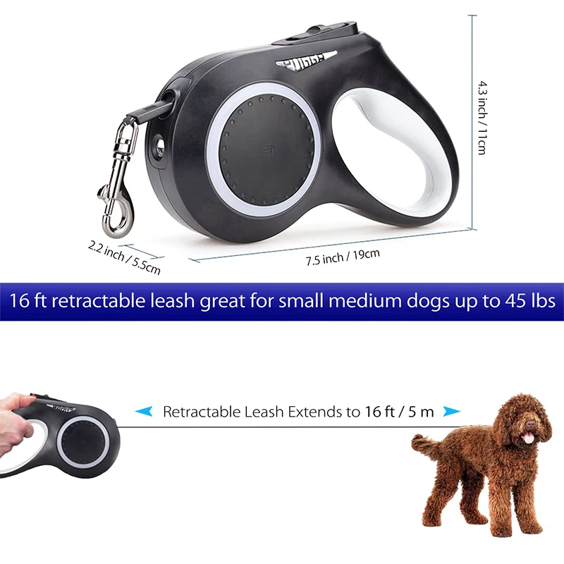 Benepaw LED Light Retractable Dog Leash Rechargeable No Tangle Anti Slip Handle Puppy Pet Lead For Small Medium Dogs 5m/16.4ft