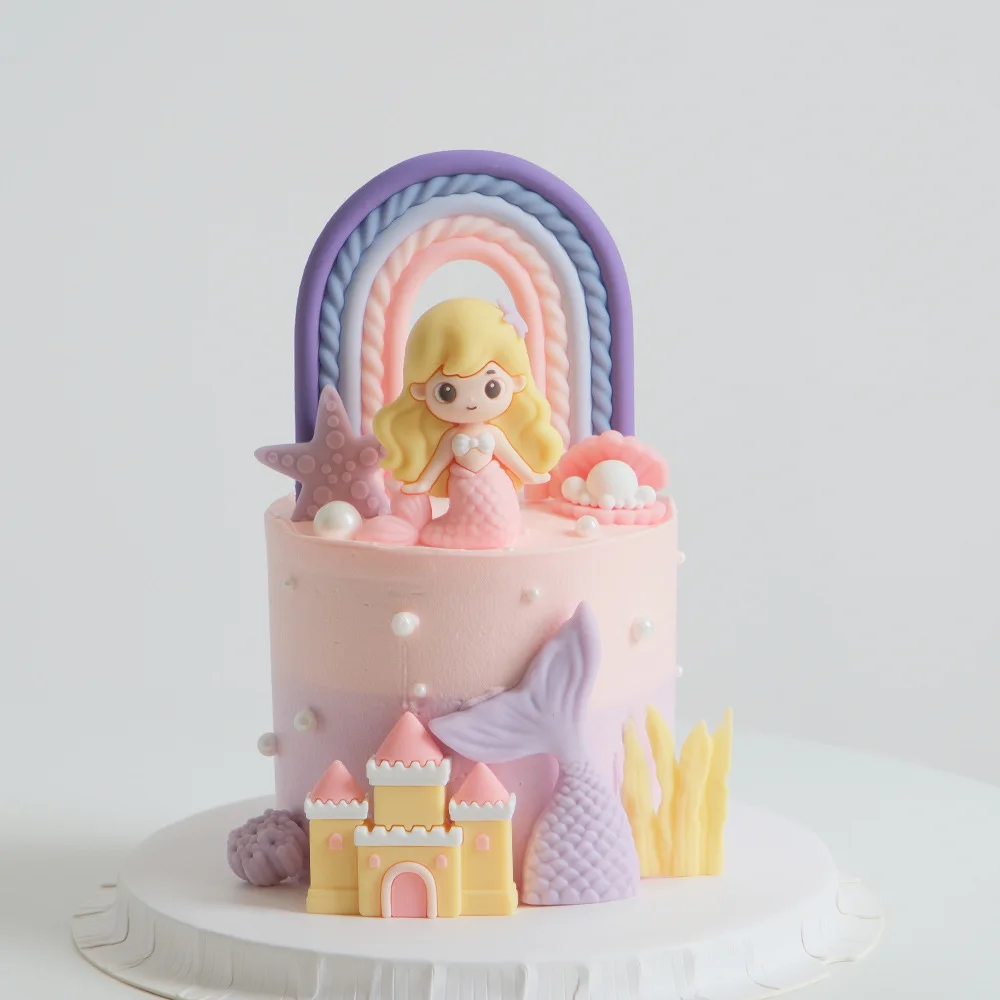 Meerjungfrau Kuchen Topper Regenbogen Schwanz Shell Schloss Tisch Ornamente Prinzessin Mädchen Baby Party Liefert Seestern Auto Kuchen Dekorationen – Detail 2