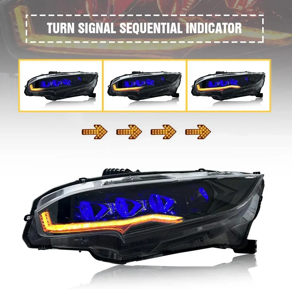 RGB Headlights for Honda Civic 10th Gen 2016-2021 Sedan Hatchback Si Type R Touring Sport EX EX-L LX Sequential Custom Replaceme