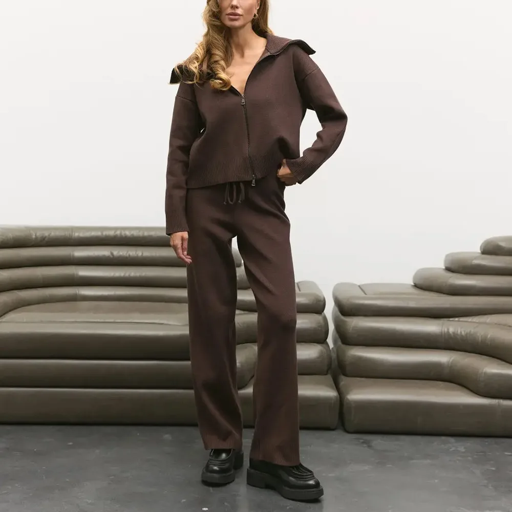 Light Luxury Zipper Knitted Jacket Pants Suit Autumn and Winter Women's Elegant Loose Thick Warm Casual Sweater Pants Set 2Pcs