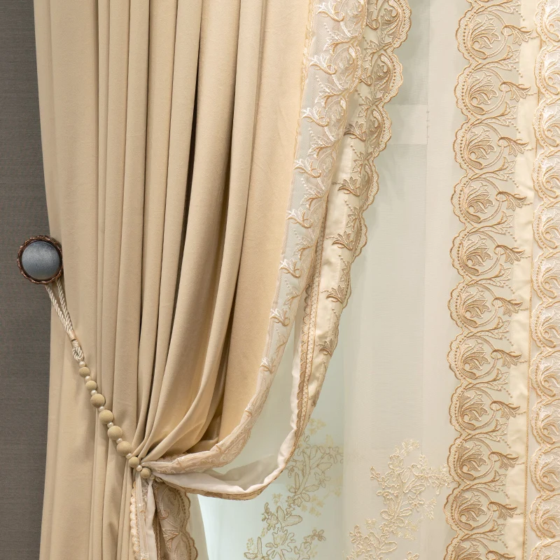 

Custom High-end luxury thick cream velvet beige cloth curtain tulle drape C1106