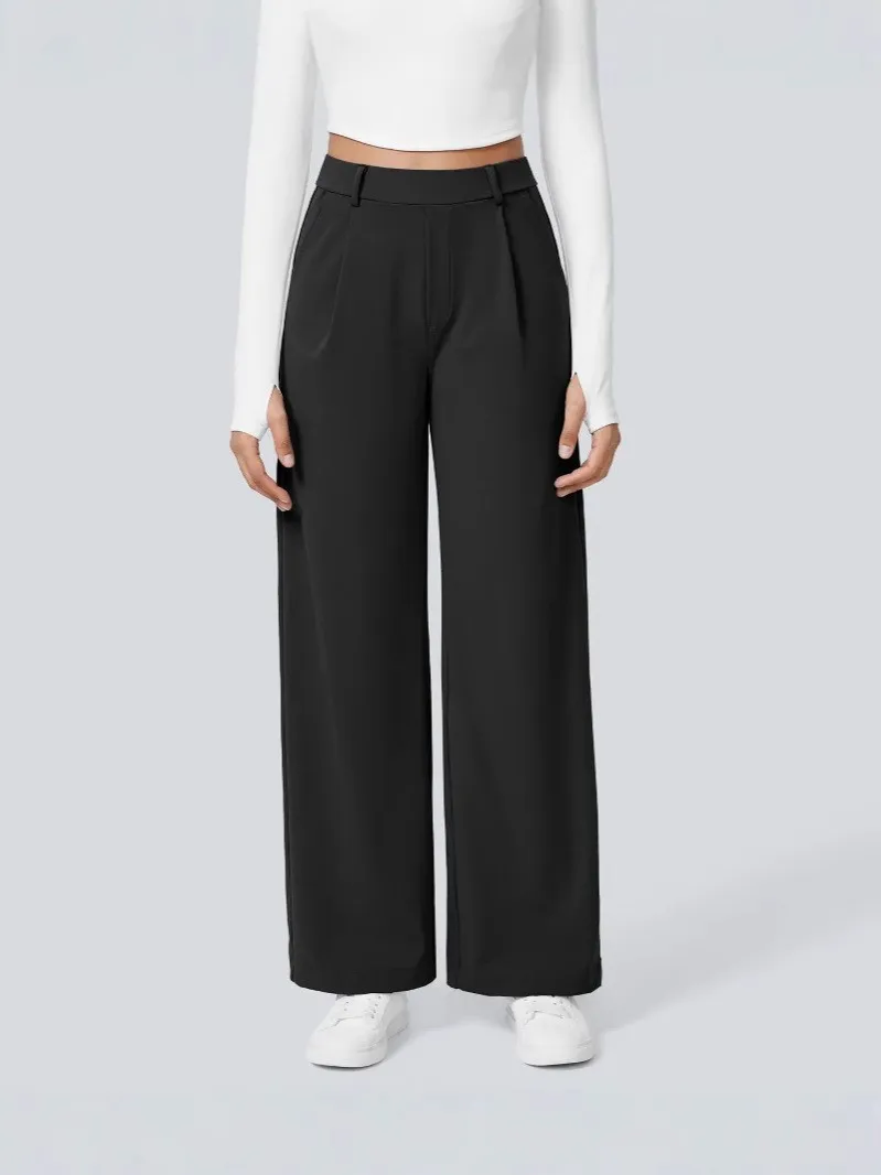 

Black Dress Pants High Waist Straight Leg Trousers Wide Leg Pleated Front Viscose Fabric Pants Elegant Solid Gray Dress Trousers