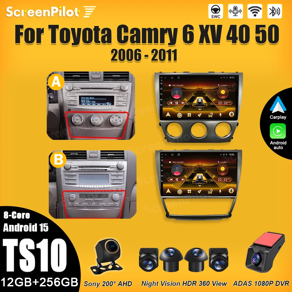 For Toyota Camry 6 XV 40 50 2006 2007-2011 Android 16  2 din GPS Navigation Mirror Link Bluetooth 8 Core Wifi RDS DSP 5G 10 Inch