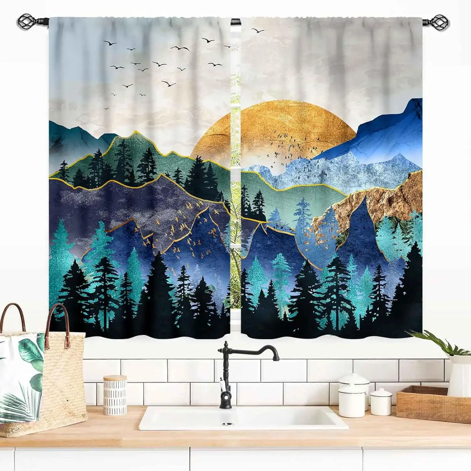 2pcs Curtains Peach Skin Polyester Boho Forest Mid Century Mountains Gold Sun Blue Teal Abstract Art Bedroom Kitchen Drapes