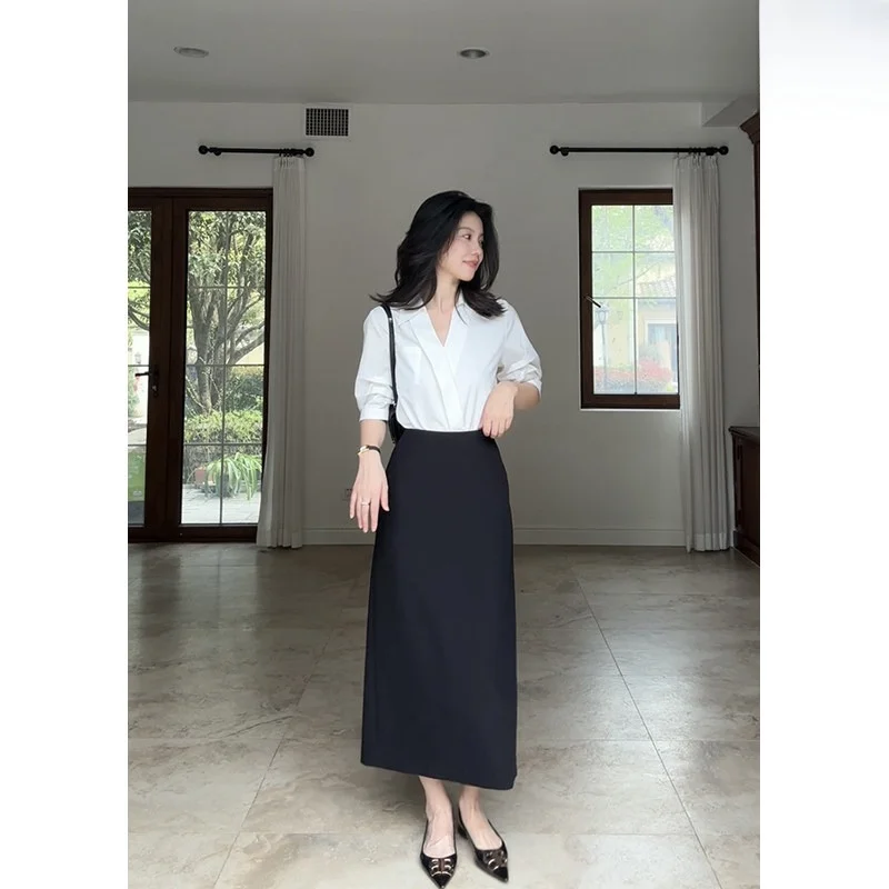 

Универсальный летний топ с V-образным вырезом и рукавом 5/8, с косой планкой на пуговицах, для юбок с высокой талией, во французском стиле, женский.