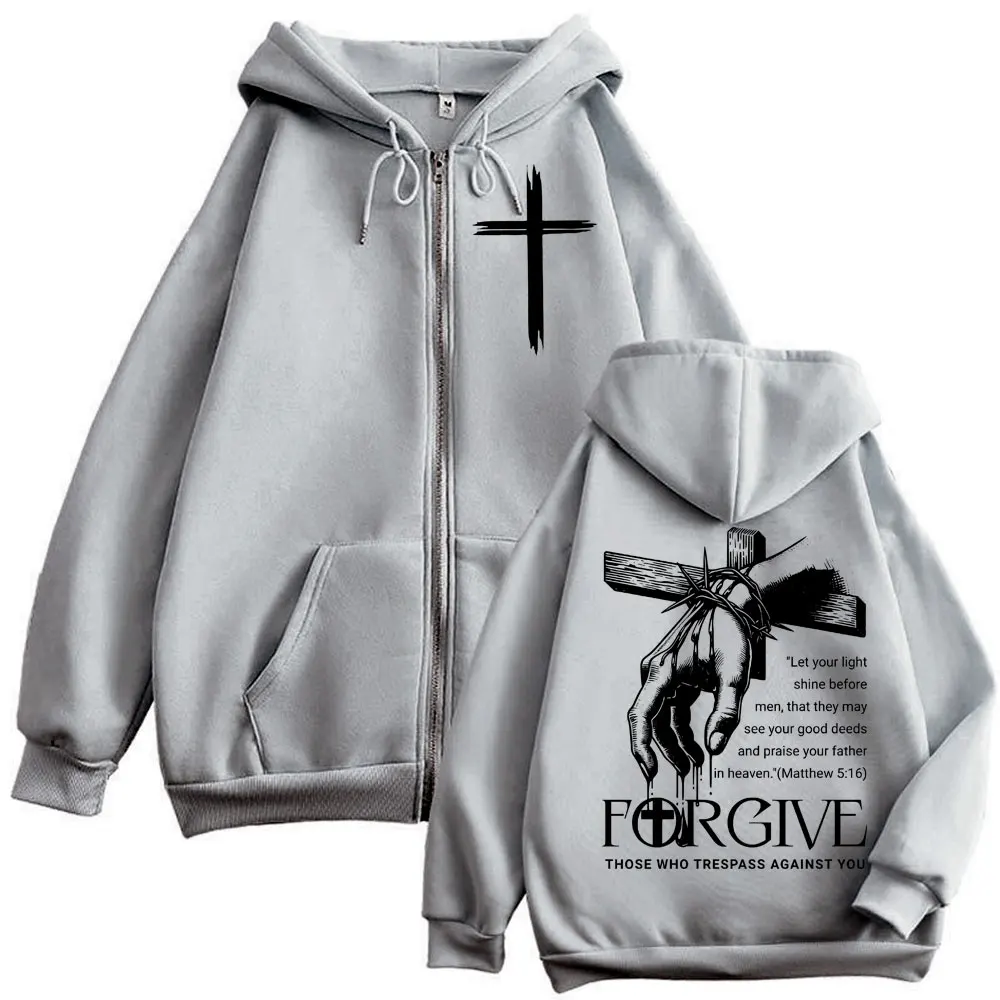 Christian Jesus Forgive Those Who Trespass Against You Zipper Hoodies Men's Women's Gothic Fashion Vintage Zip Up Sweatshirts