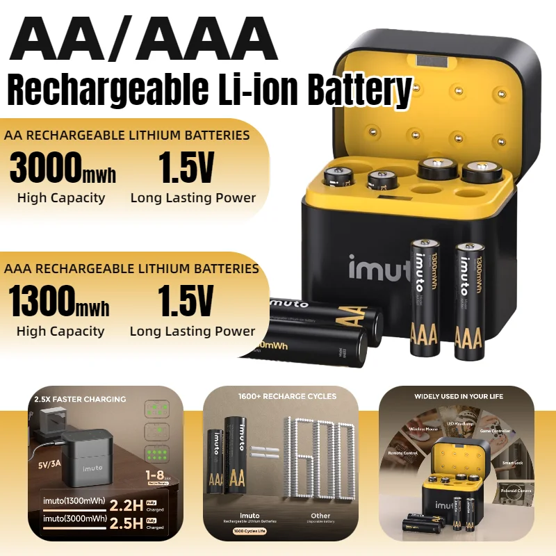 

Rechargeable AA AAA Lithium Batteries with Charging Box, 8-Pack Set, High-Performance Cycle Charging for Household USB C