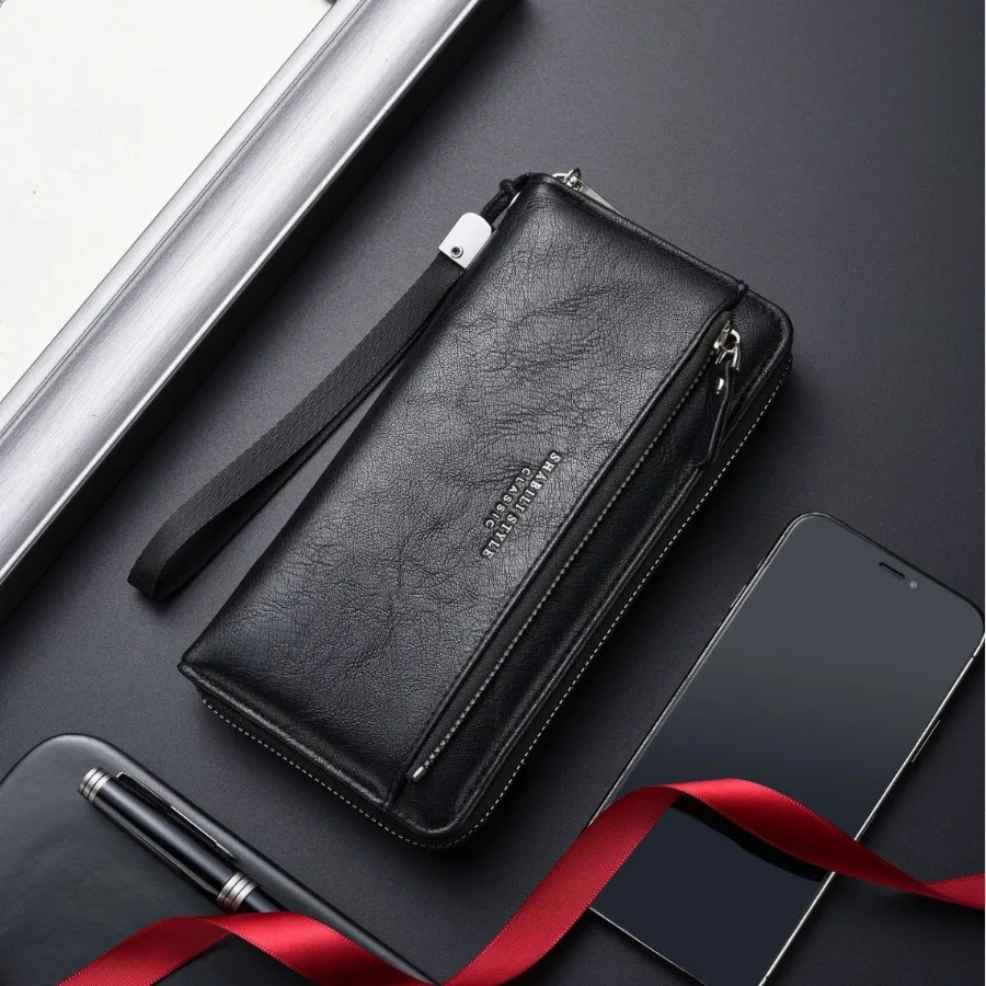 

【New style】New men's long wallet with external draw-out card for men's clutch bag with soft leather zipper for young people's f