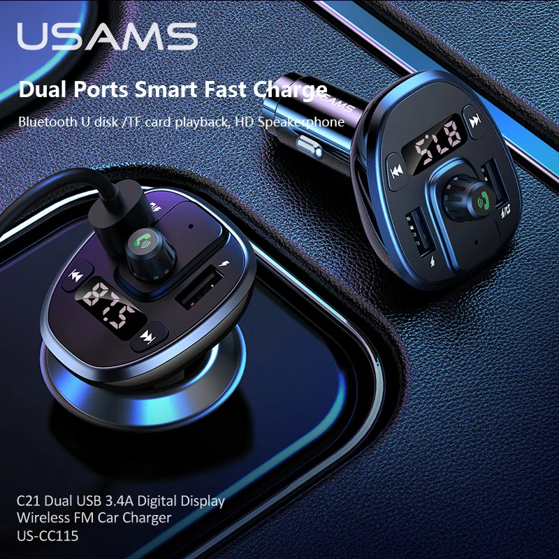 USAMS Bluetooth 5.0 FM Transmitter Fast Car Charger with Digital Display Handsfree MP3 Player Support BT/USB flash disk/TF Card