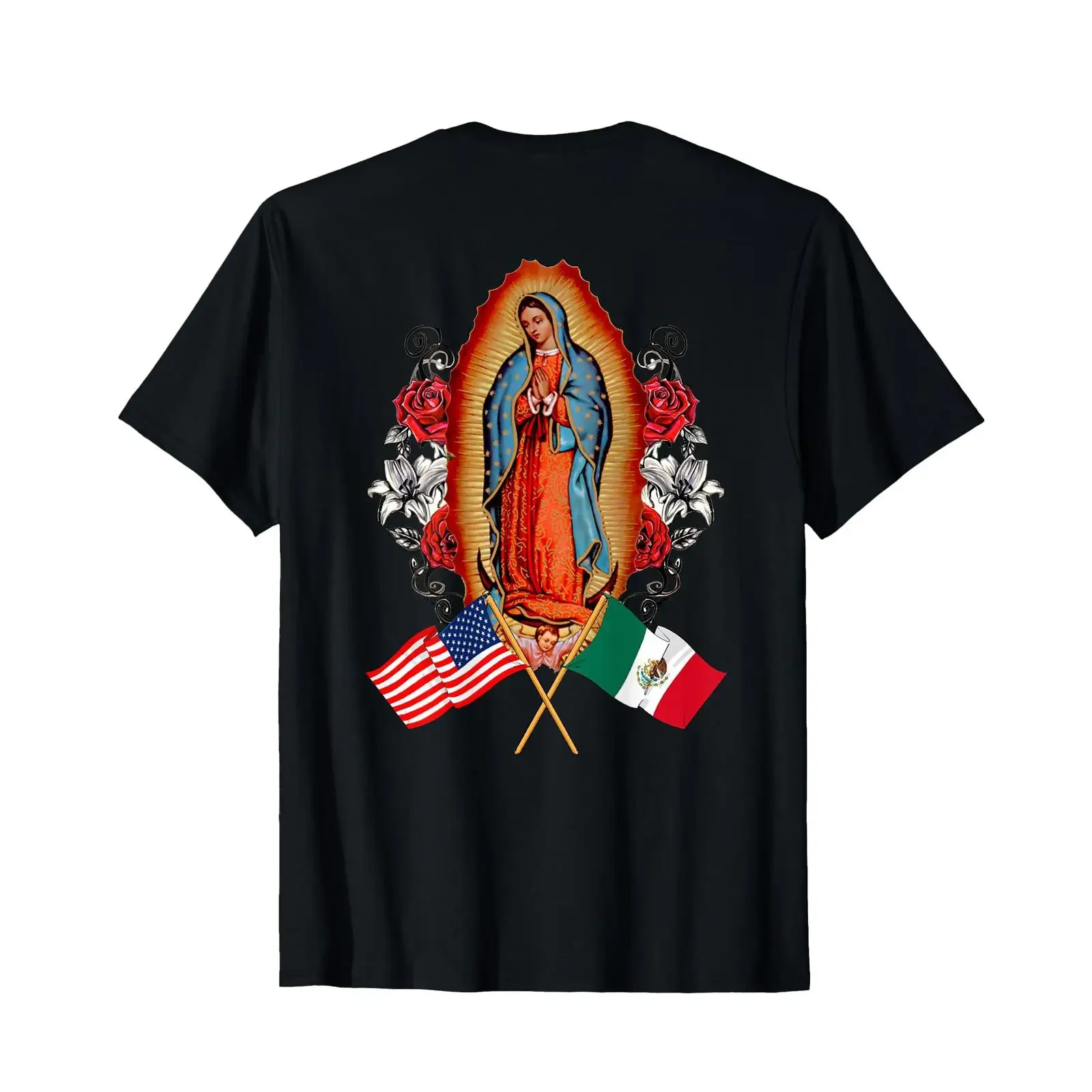 Our Lady Virgen De Guadalupe Mexican American Flag T Shirt vintage Washed streetwear Casual Top For Everyday Wear Breathable