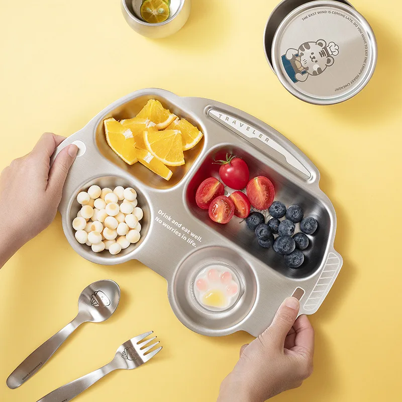 1pc Food Grade 304 Stainless Steel Childrens Plate Cartoon Design Divided Sections Baby Dinnerware