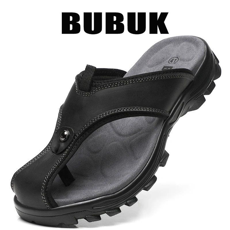 Bubuk First-Layer Cowhide Sports Slippers, Genuine Leather Men's Flip-Flops, Casual Outdoor Sandals with Arch Support, Beach Outdoor Slippers