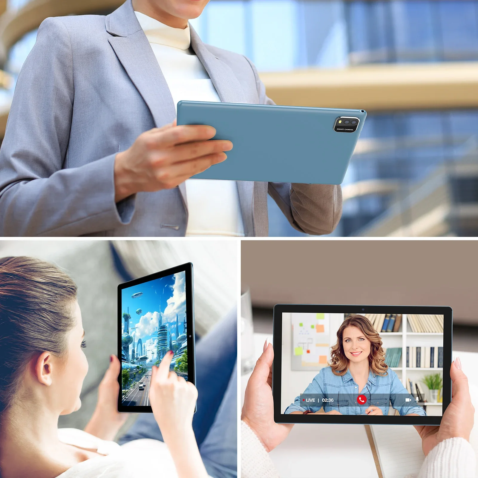 BAKEN 10-inch tablet with SIM card slot, Android 15, Wi-Fi, GPS, Bluetooth, 64GB storage, dual speakers, USB-C port