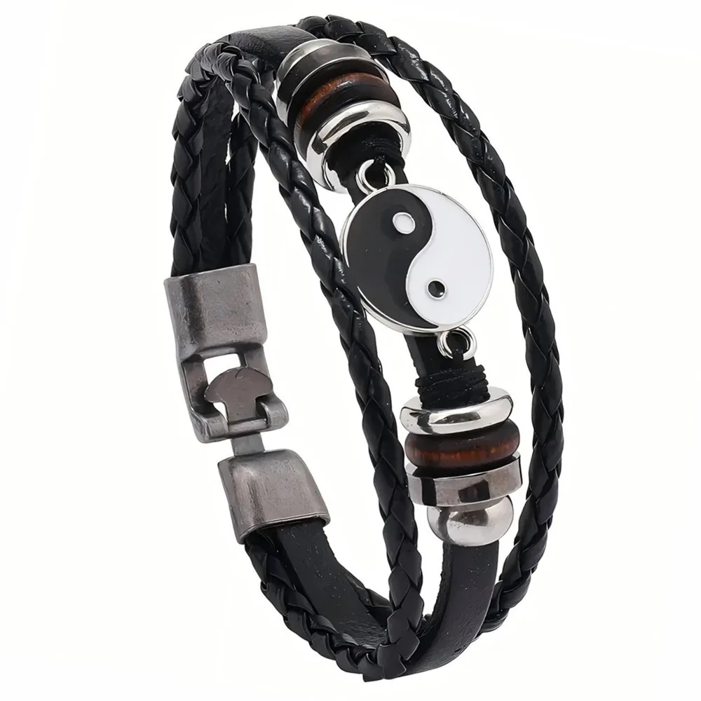 Punk Retro Weaving Leather Bracelet Simple Fashion Double buckle The Eight Trigrams of Yin and Yang Man Wristband Jewelry