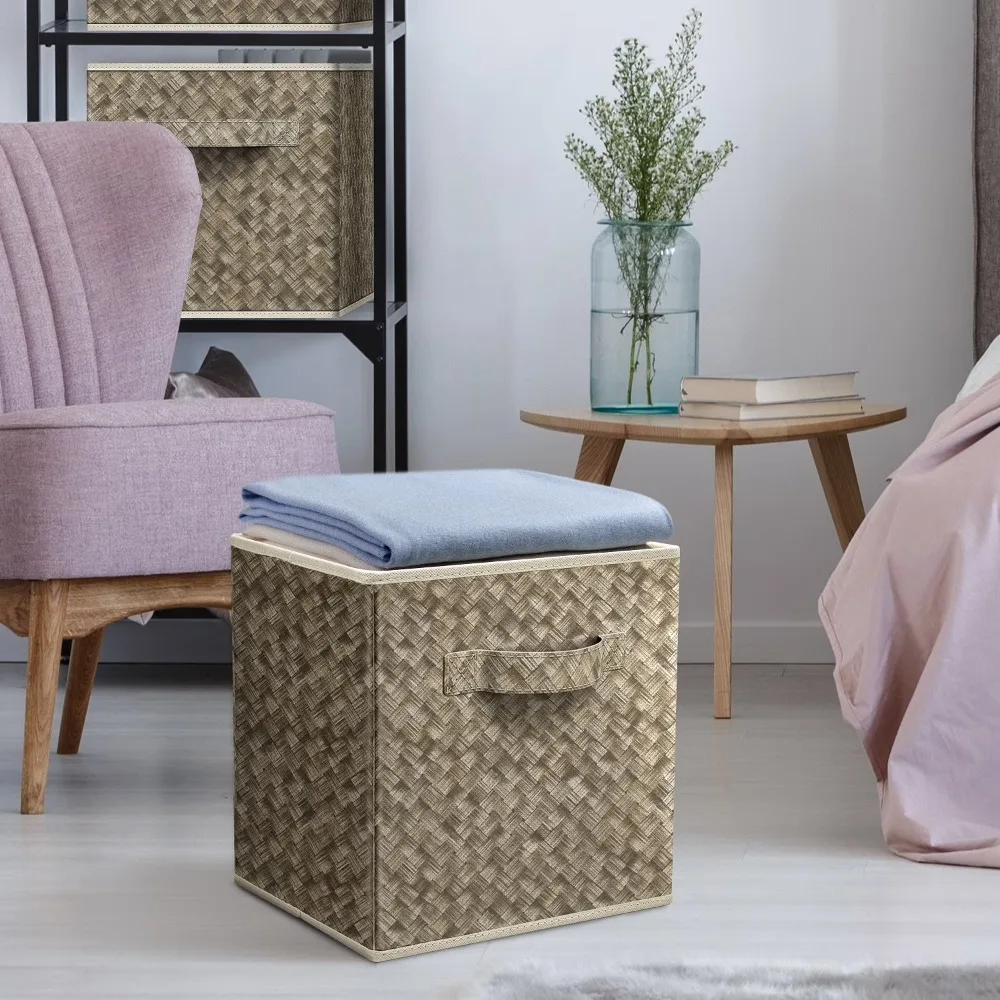 Collapsible Fabric Storage Bin with Handles, Foldable Organizer Cubes for Closet, Cubby Basket with Woven Design, Beige for Bedroom Living Room and Dorm Organization